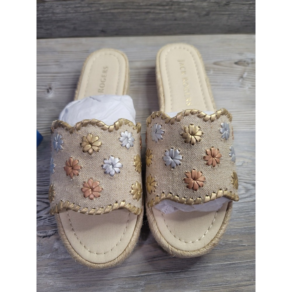 Sandals slides 8m palmer slide espadrille. Metallic flowers, rattan outer . NIB
